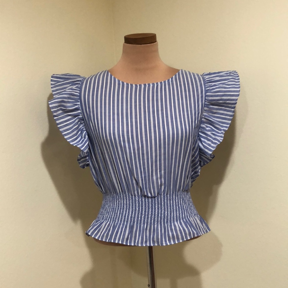 SOLD Madewell Flutter Sleeve Top Size XS Blue White Striped Ruffle Peplum Hem - Picture 2 of 8